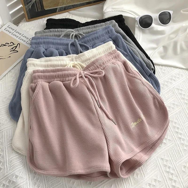 Shorts Women's Sports Fashion Waffle Pink Summer Student Thin Section Loose Wide Legs Casual High Waist Hot Pants alfamoba