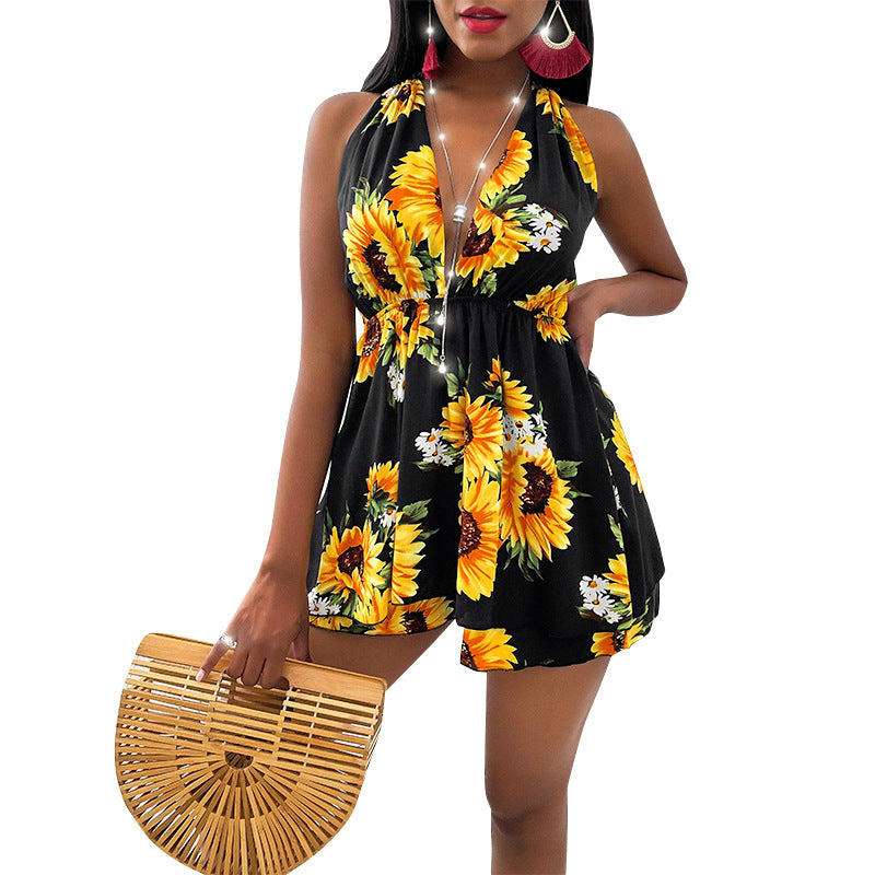 2021 summer foreign trade new style eBay Amazon Europe and America cross-border women's sunflower V-neck open back casual dress alfamoba