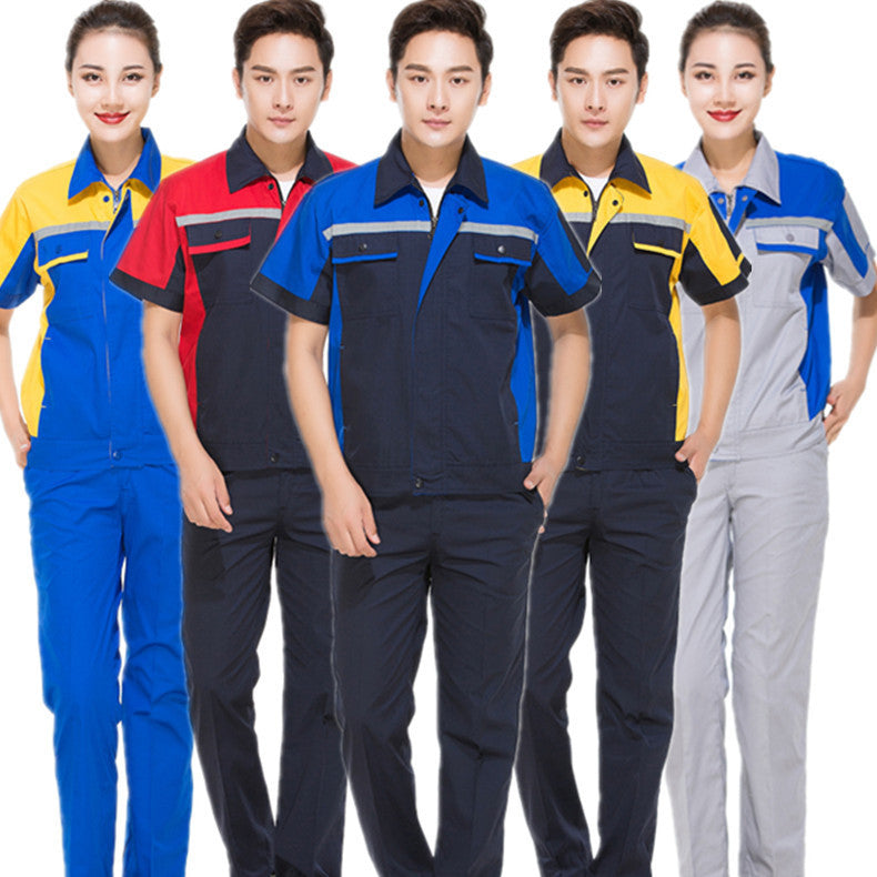 Summer short-sleeved overalls suit men's and women's auto repair clothing factory workshop reflective strip worker auto repair top labor insurance clothing alfamoba