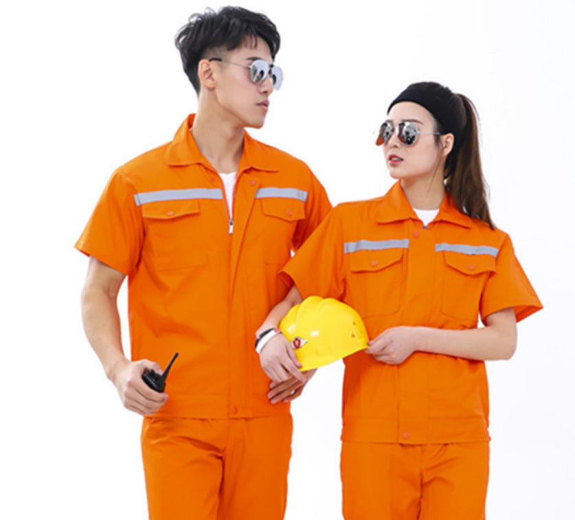 Summer short-sleeved overalls suit men's and women's auto repair clothing factory workshop reflective strip worker auto repair top labor insurance clothing alfamoba