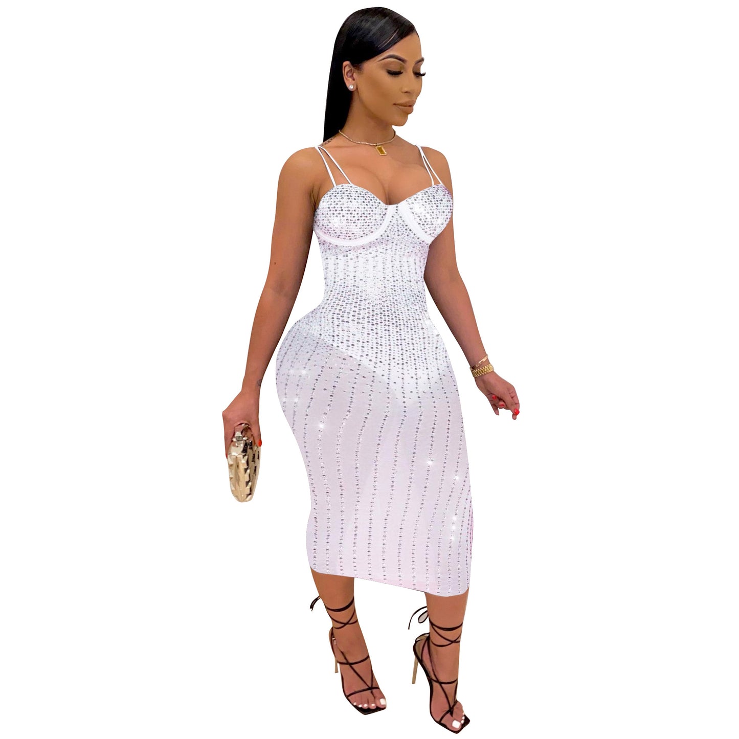 VK2072 European and American cross-border women's sling hot rhinestone see-through slim dress eBay alfamoba