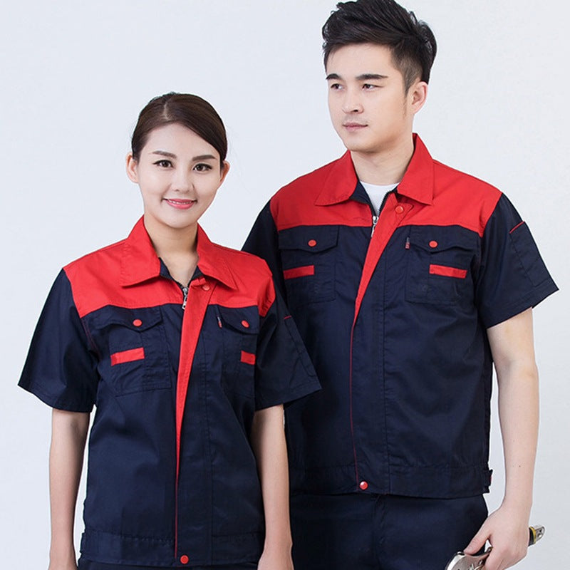 Summer short-sleeved overalls suit men's and women's auto repair clothing factory workshop reflective strip worker auto repair top labor insurance clothing alfamoba