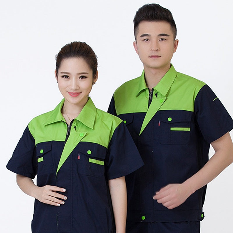 Summer short-sleeved overalls suit men's and women's auto repair clothing factory workshop reflective strip worker auto repair top labor insurance clothing alfamoba