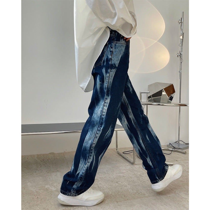 Spring new European and American trendy street wind-dyed deep blue high waist straight jeans loose thin trousers women alfamoba