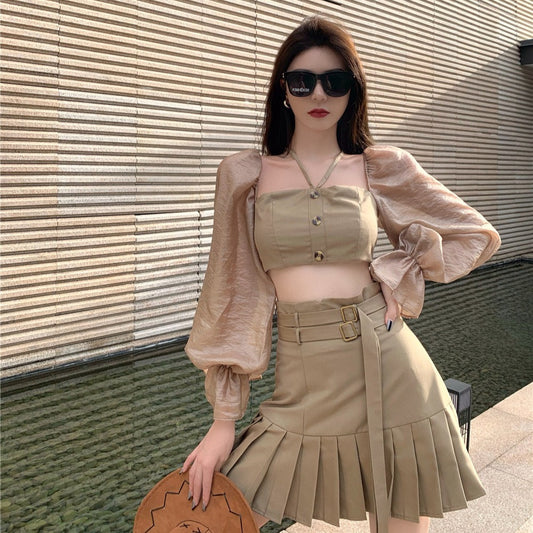 Real shot hot girl skirt autumn retro high waist thin pleated skirt double belt khaki skirt children P245 alfamoba