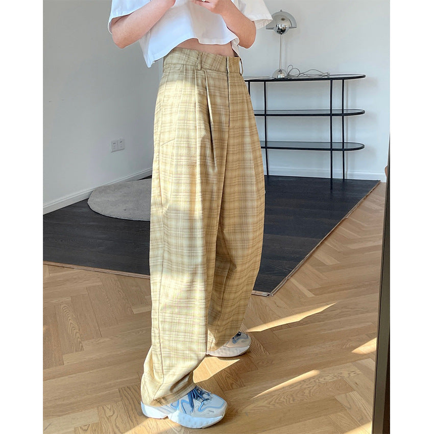 Spring and summer new European and American retro trendy grille high waist wide pants loose vertical cool radish trousers trousers women alfamoba