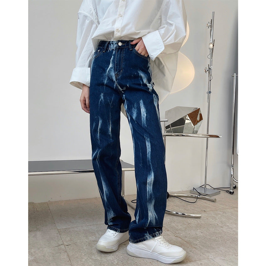 Spring new European and American trendy street wind-dyed deep blue high waist straight jeans loose thin trousers women alfamoba