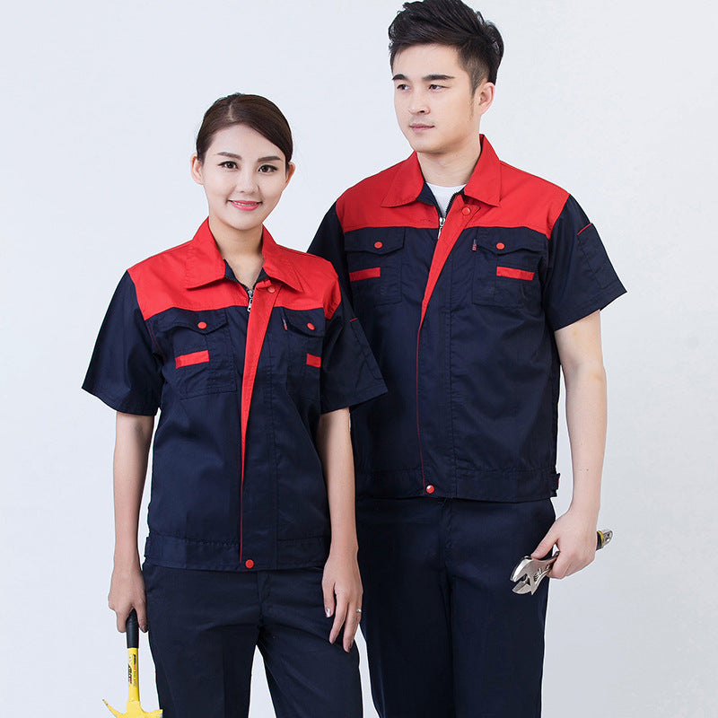 Summer short-sleeved overalls suit men's and women's auto repair clothing factory workshop reflective strip worker auto repair top labor insurance clothing alfamoba