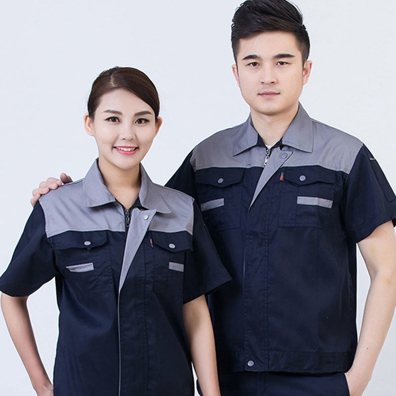 Summer short-sleeved overalls suit men's and women's auto repair clothing factory workshop reflective strip worker auto repair top labor insurance clothing alfamoba