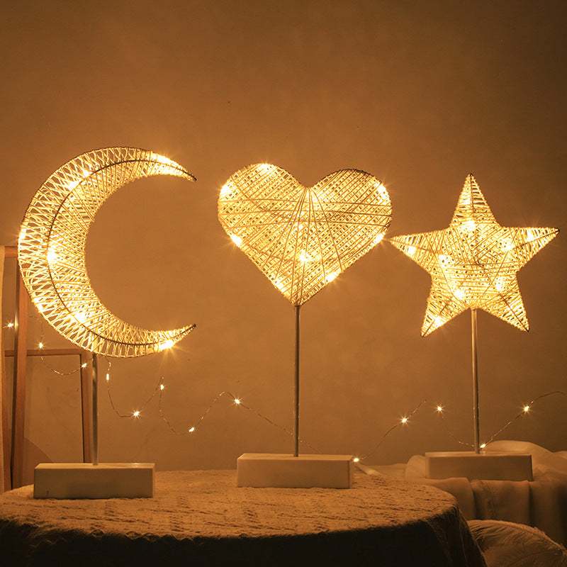 LED rattan weave small night light, star moon shaped desk lamp, romantic room decoration, hollow out rattan weave star moon small night light alfamoba