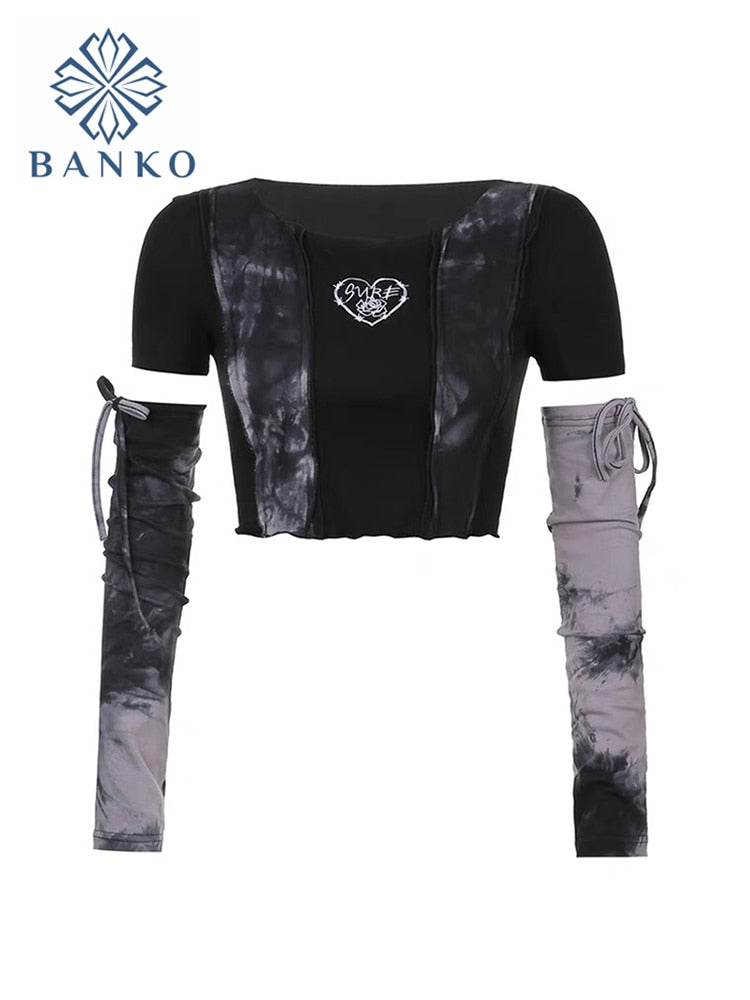 Y2K Gothic Harajuku Dark E-girl Punk Style Spring Patchwork T-shirt Tie Dye Crop Tops Hip Hop Women Long Sleeve Tee Streetwear alfamoba