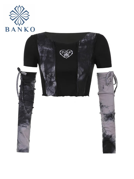 Y2K Gothic Harajuku Dark E-girl Punk Style Spring Patchwork T-shirt Tie Dye Crop Tops Hip Hop Women Long Sleeve Tee Streetwear alfamoba