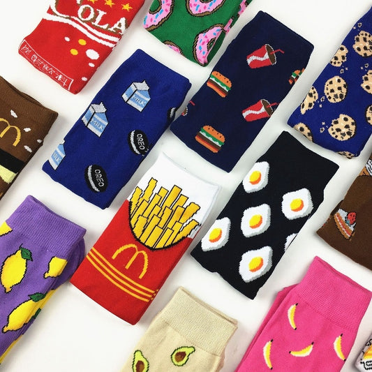 Colorful Women's Socks Woman's Cotton Socks Fruits Banana Avocado Lemon Egg Cookie Donuts Food Happy Color Sox Harajuku Socks alfamoba