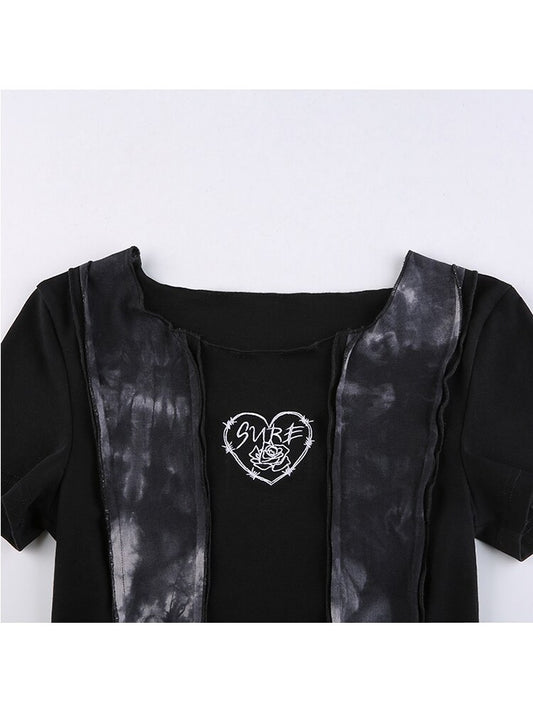 Y2K Gothic Harajuku Dark E-girl Punk Style Spring Patchwork T-shirt Tie Dye Crop Tops Hip Hop Women Long Sleeve Tee Streetwear alfamoba