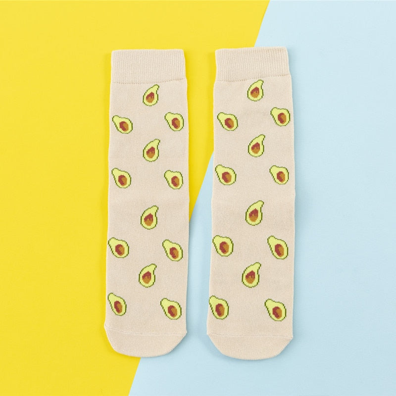 Colorful Women's Socks Woman's Cotton Socks Fruits Banana Avocado Lemon Egg Cookie Donuts Food Happy Color Sox Harajuku Socks alfamoba