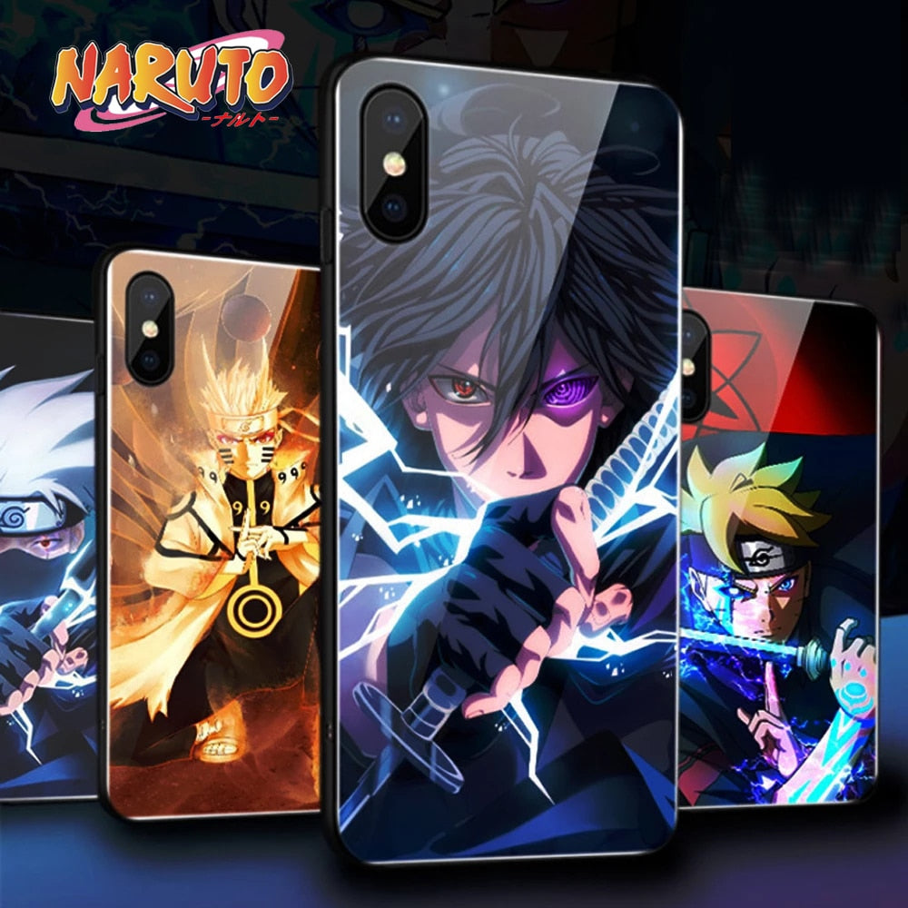 Naruto Itachi Flash Phone Case For iPhone 7 8 Plus 11 12 13 Pro Max SE2020 X XR XS LED Phone Cover Glass TPU Shell Funda Gifts alfamoba