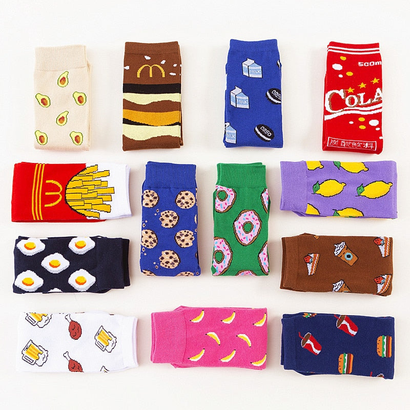 Colorful Women's Socks Woman's Cotton Socks Fruits Banana Avocado Lemon Egg Cookie Donuts Food Happy Color Sox Harajuku Socks alfamoba