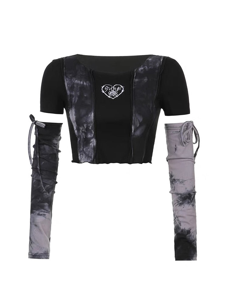 Y2K Gothic Harajuku Dark E-girl Punk Style Spring Patchwork T-shirt Tie Dye Crop Tops Hip Hop Women Long Sleeve Tee Streetwear alfamoba