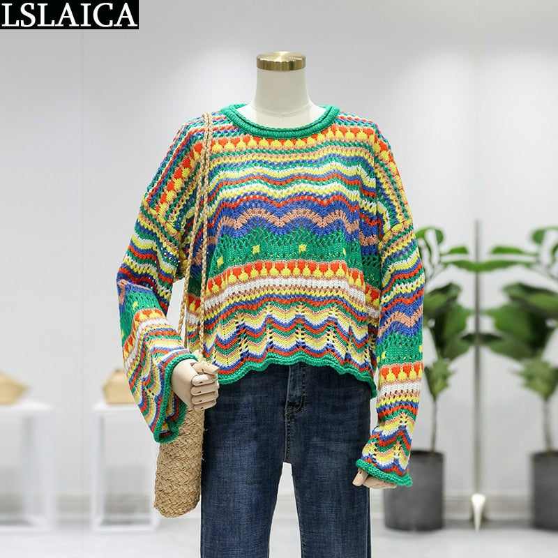 Sweater Women Long Sleeve Colorful Stripes Stitching O-Neck Casual Sweaters For Women Knit Fashion Autumn Winter Loose Sweaters alfamoba