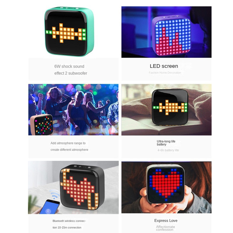 Retro Pixel Art Portable Bluetooth Speaker LED Display Board for Cute Gift Home Light Decoration Mini Hifi speaker alfamoba