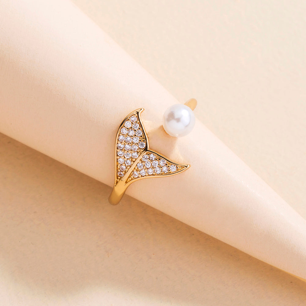 Pearl Tail Zircon Ring Little Mermaid Tail Opening Pearl Ring Lady alfamoba