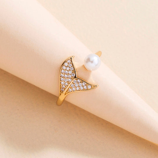 Pearl Tail Zircon Ring Little Mermaid Tail Opening Pearl Ring Lady alfamoba